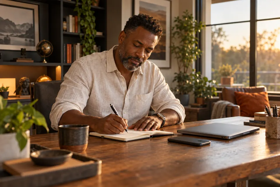 Illustration: a man writes in a notebook at his desk in late afternoon light, his laptop closed beside him.