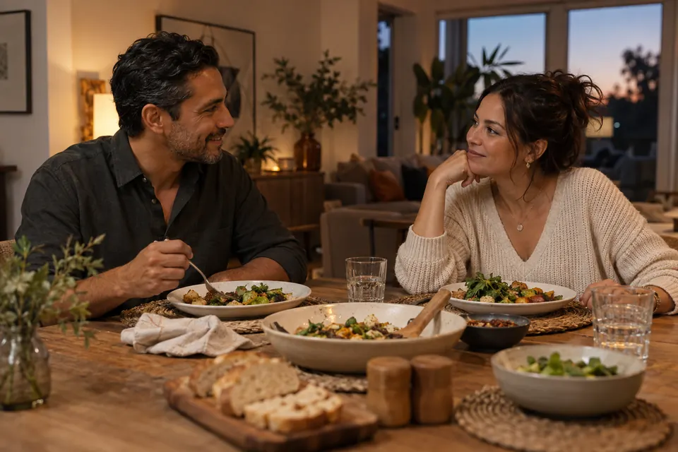 Illustration: a couple share dinner at home in the evening, smiling at each other across the table.