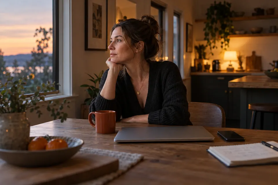 Illustration: a woman sits at her kitchen table at dusk beside a closed laptop, looking out the window.